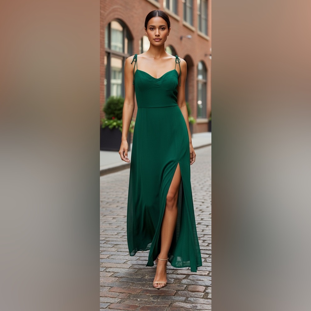 Reformation Women's Fallon Dress Green Size 12 Holiday Sheer Formal Dressy Fall